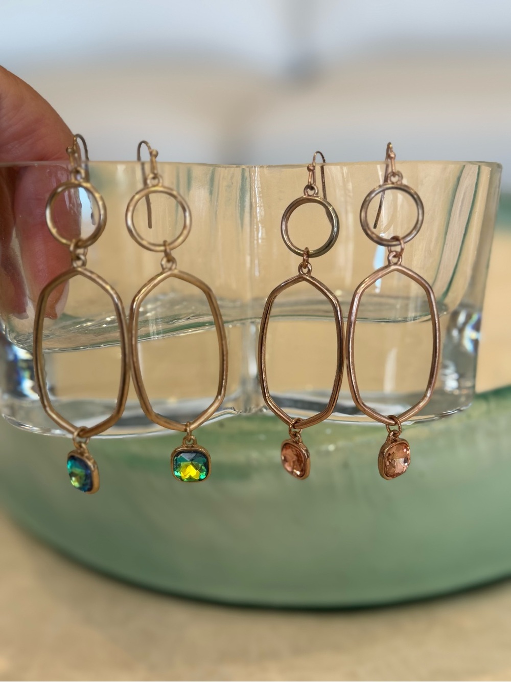 Set of 2 Gold-Tone Dangle Earrings with Multicolor and Rose Crystal Drops
